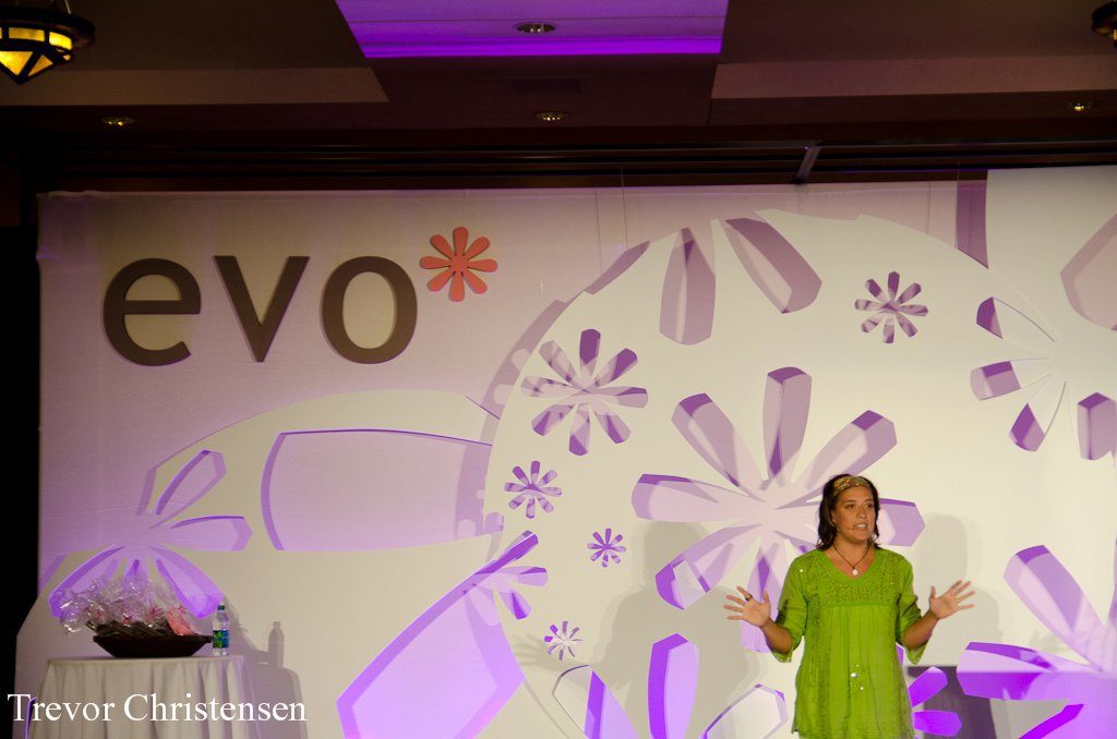 Me Ra Koh delivering an inspiring closing keynote at EVO conference in Park City, Utah.
