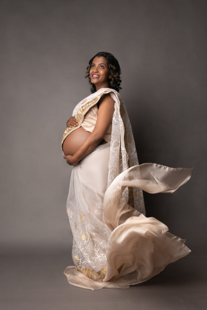 Portrait of Expecting Twins with Indian Saree.  Me Ra Koh Portraits, Frisco, Dallas, McKinney, Prosper Photography Studio